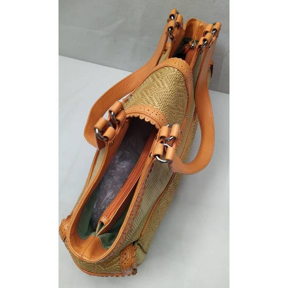 Cole Haan Tan Straw Orange Leather Trim Pocket Double Handle Satchel Bag - Picture 4 of 16
